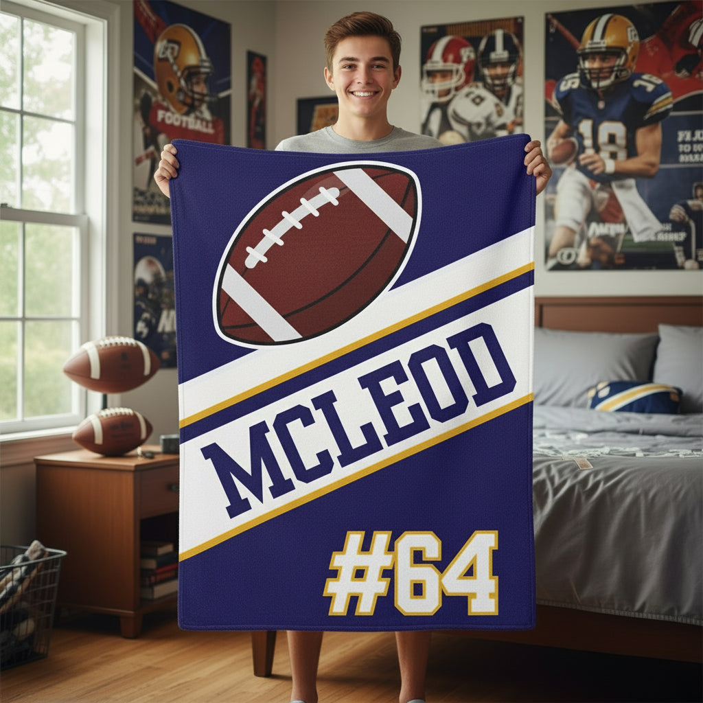 Blanket with football design, 'MCLEOD' text, and '#64' on a blue and white background