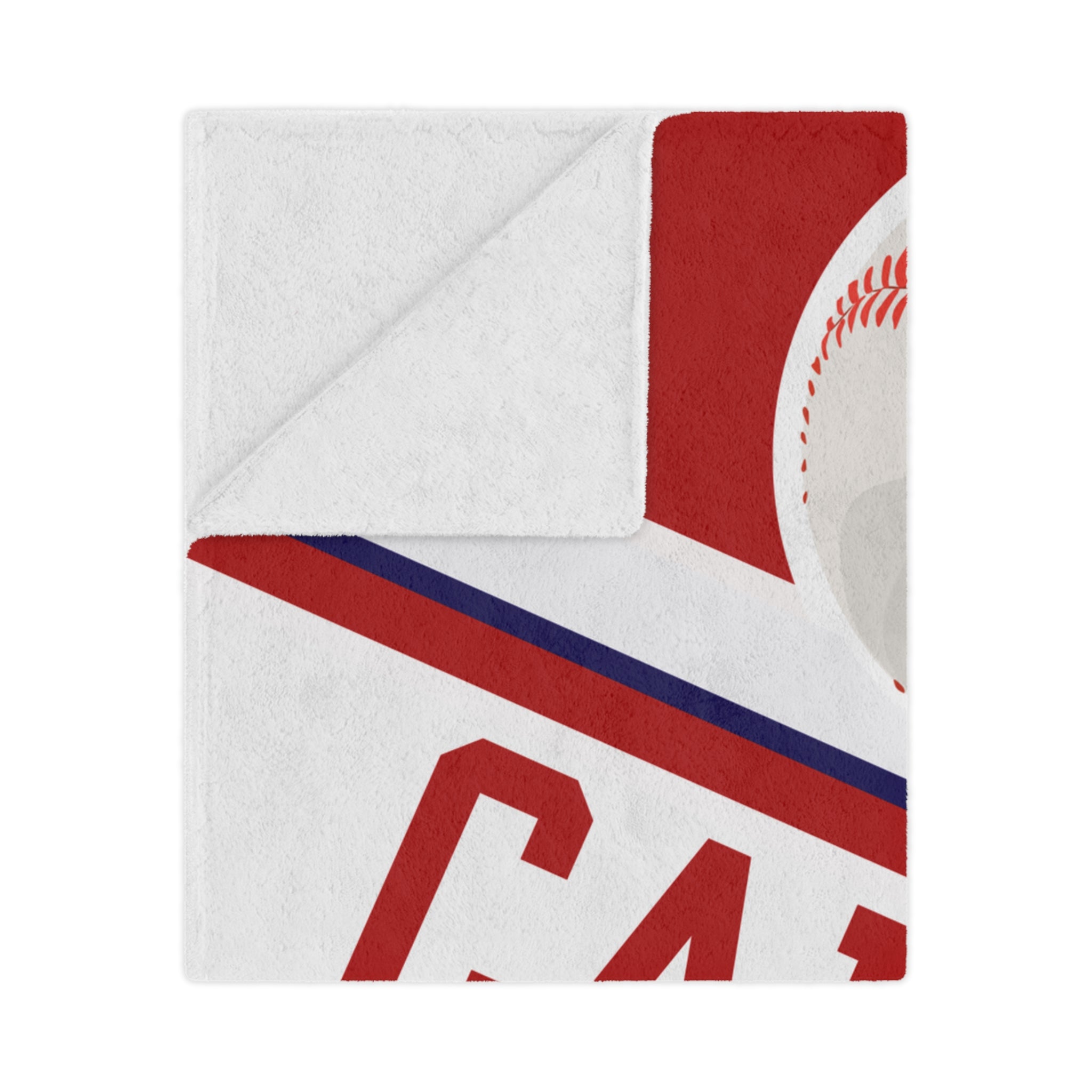 Folded fabric with red, white, and blue design on a white background