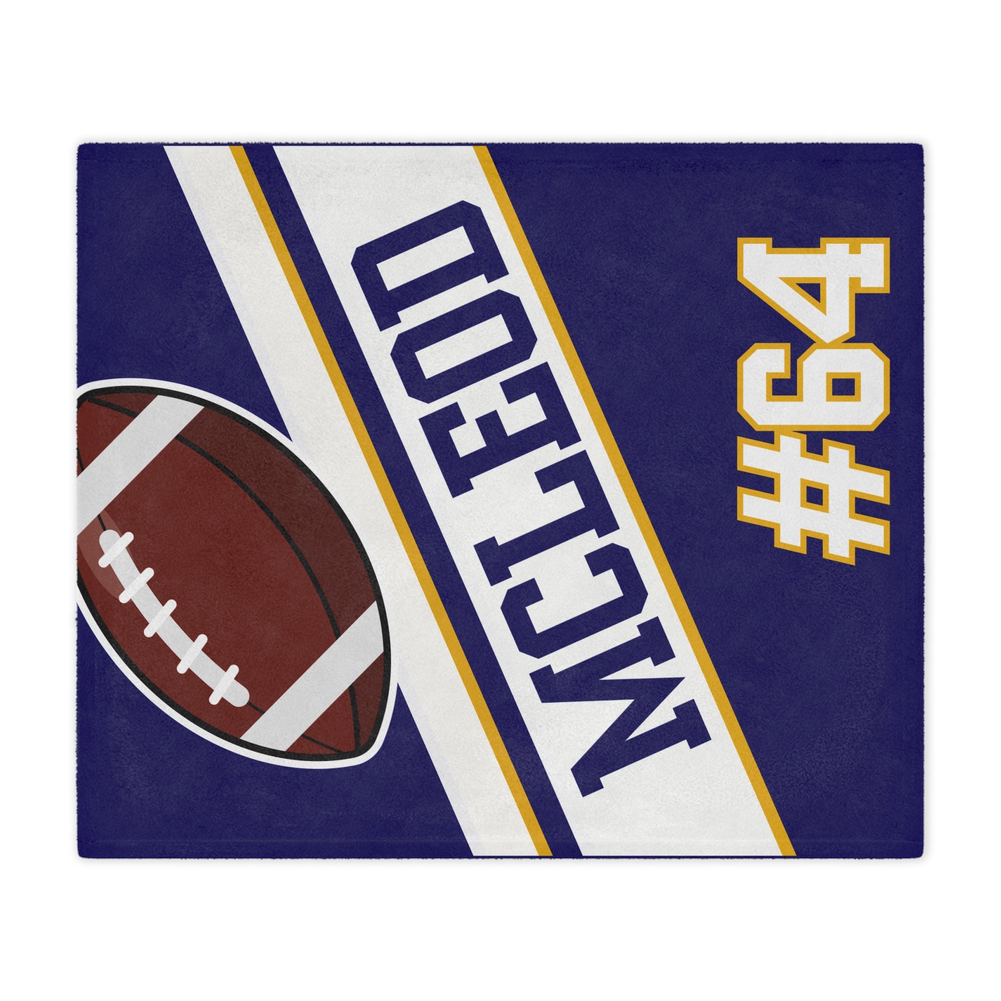 Blanket print with a football, name 'McLeod', and number '#64' on a blue background