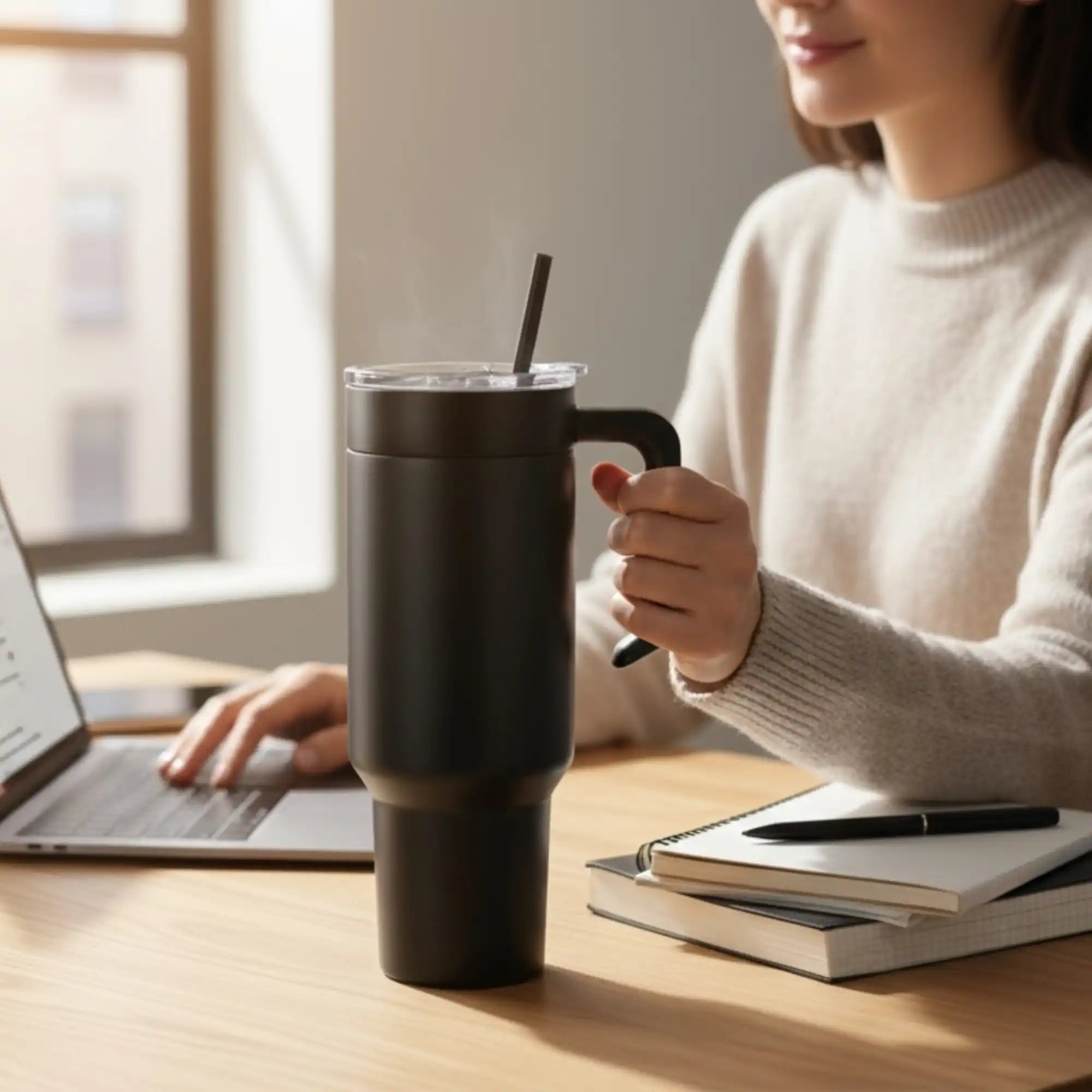 Black insulated travel mug with straw and handle, likely stainless steel or plastic.