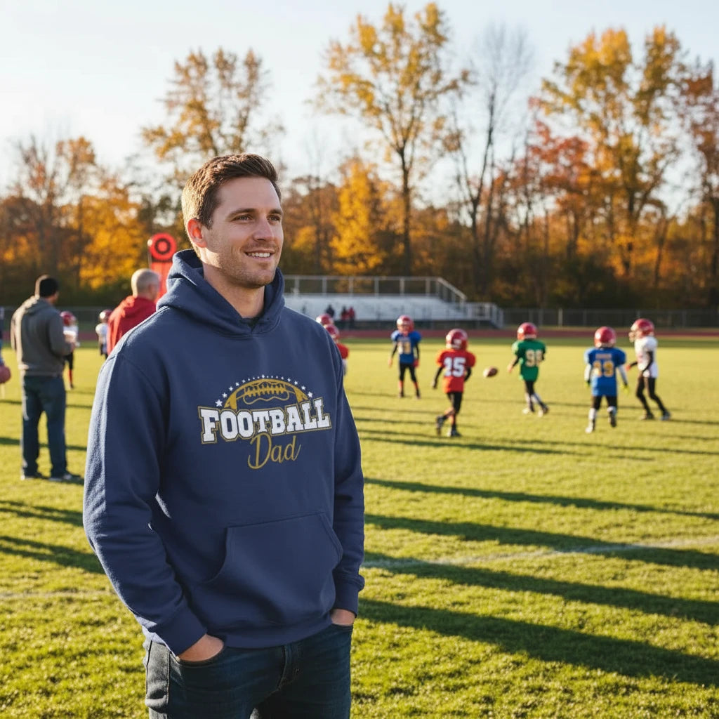 Blue hoodie with 'Football Dad' text on a white background