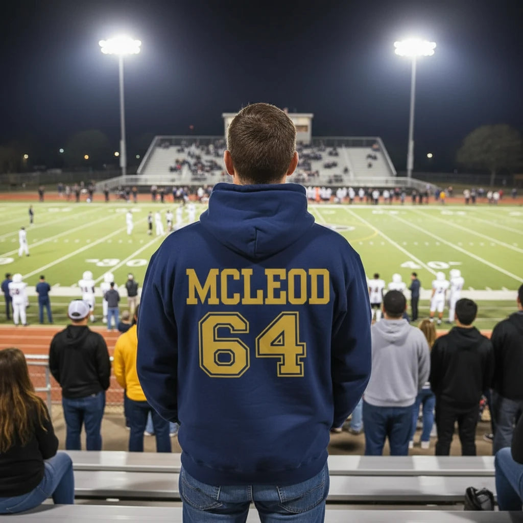 Blue hoodie with 'MCLEOD 64' printed on the back against a white background