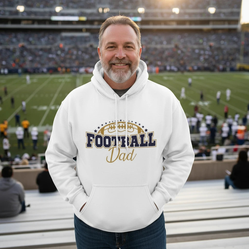 White hoodie with 'Football Dad' text and graphic on a white background
