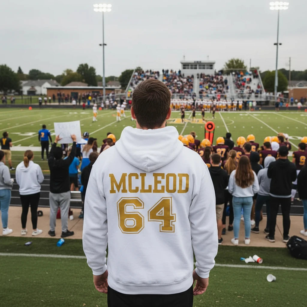 White hoodie with 'MCLEOD 64' printed on the back against a white background
