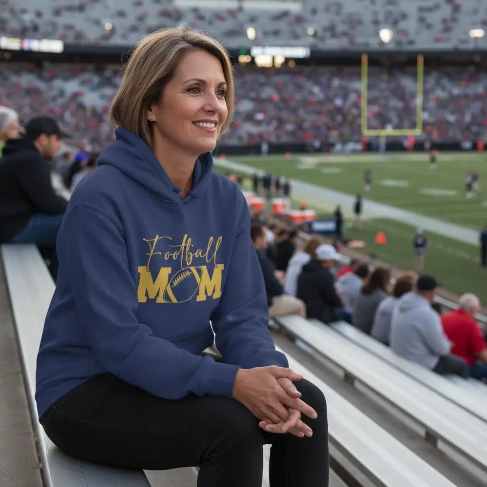 Blue hoodie with 'Football Mom' text in gold on a white background