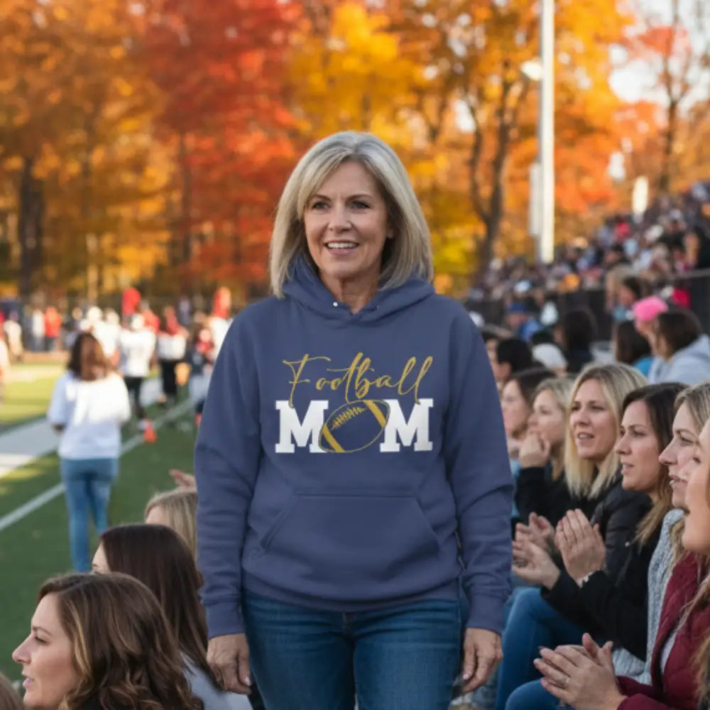 Navy blue hoodie with 'Football Mom' text and football graphic on a white background