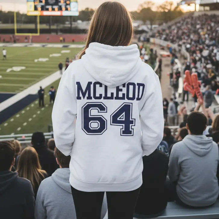 White hoodie with 'MCLEOD 64' printed on the back against a white background