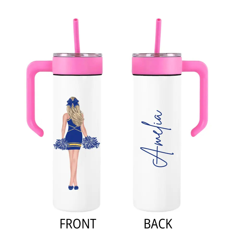 White and pink insulated tumbler with handle, straw, cheerleader design on front, personalized name ’amelia’ on back.