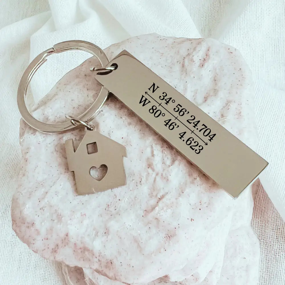 Personalized New Home Keychain - Silver / Co-ordinates - Physical Product