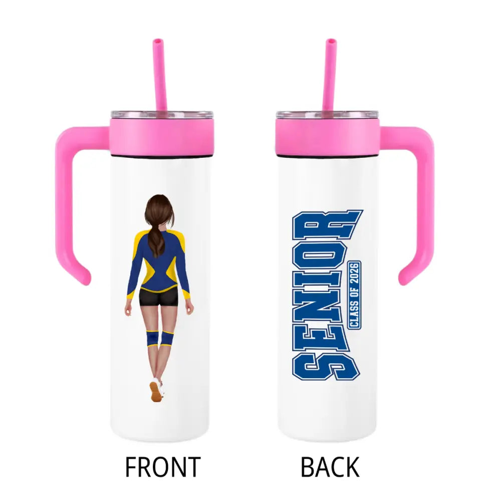 20 oz pink insulated tumbler with handle and straw, featuring a volleyball player design on the front.