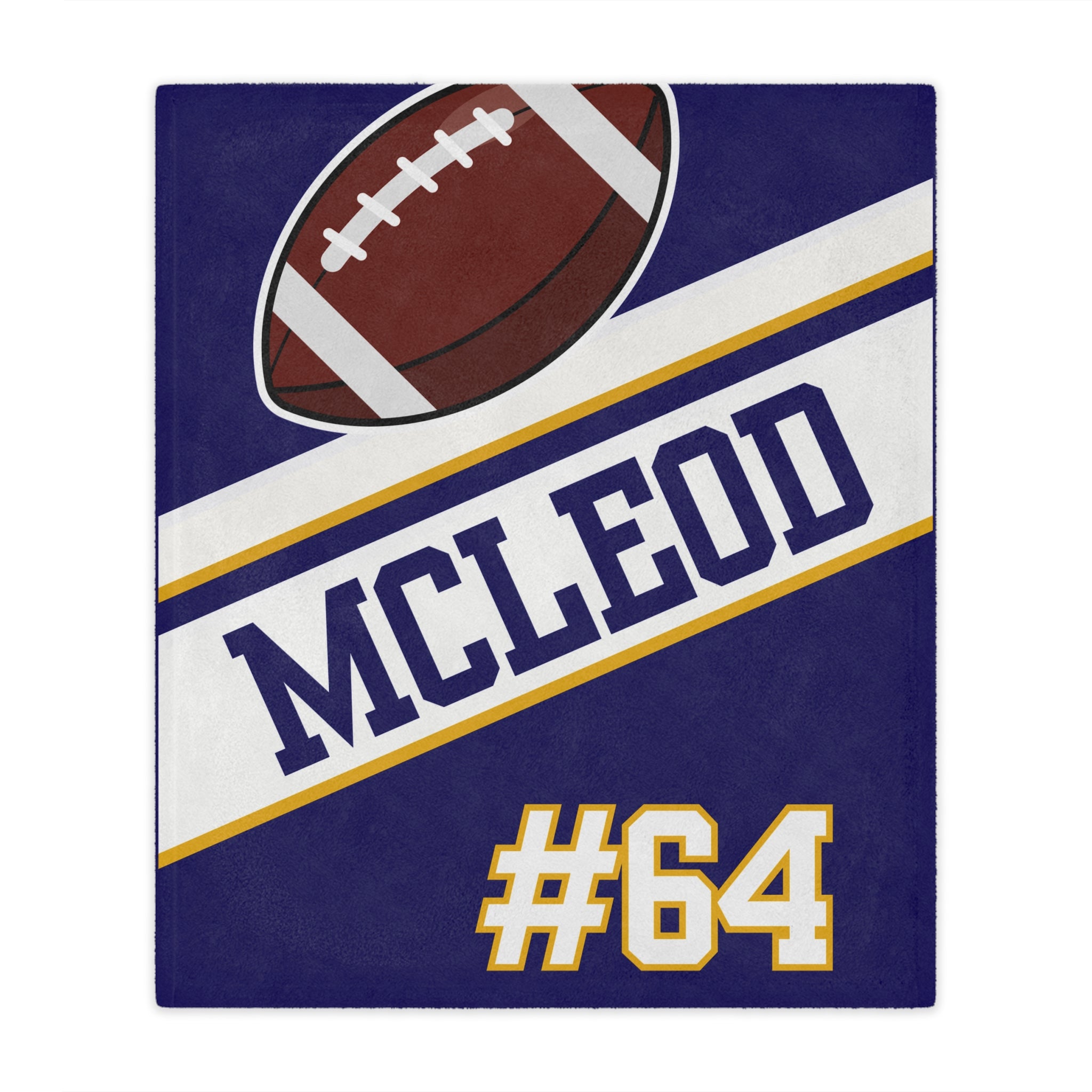 Blanket with football design and text 'MCLEOD #64' on a blue background