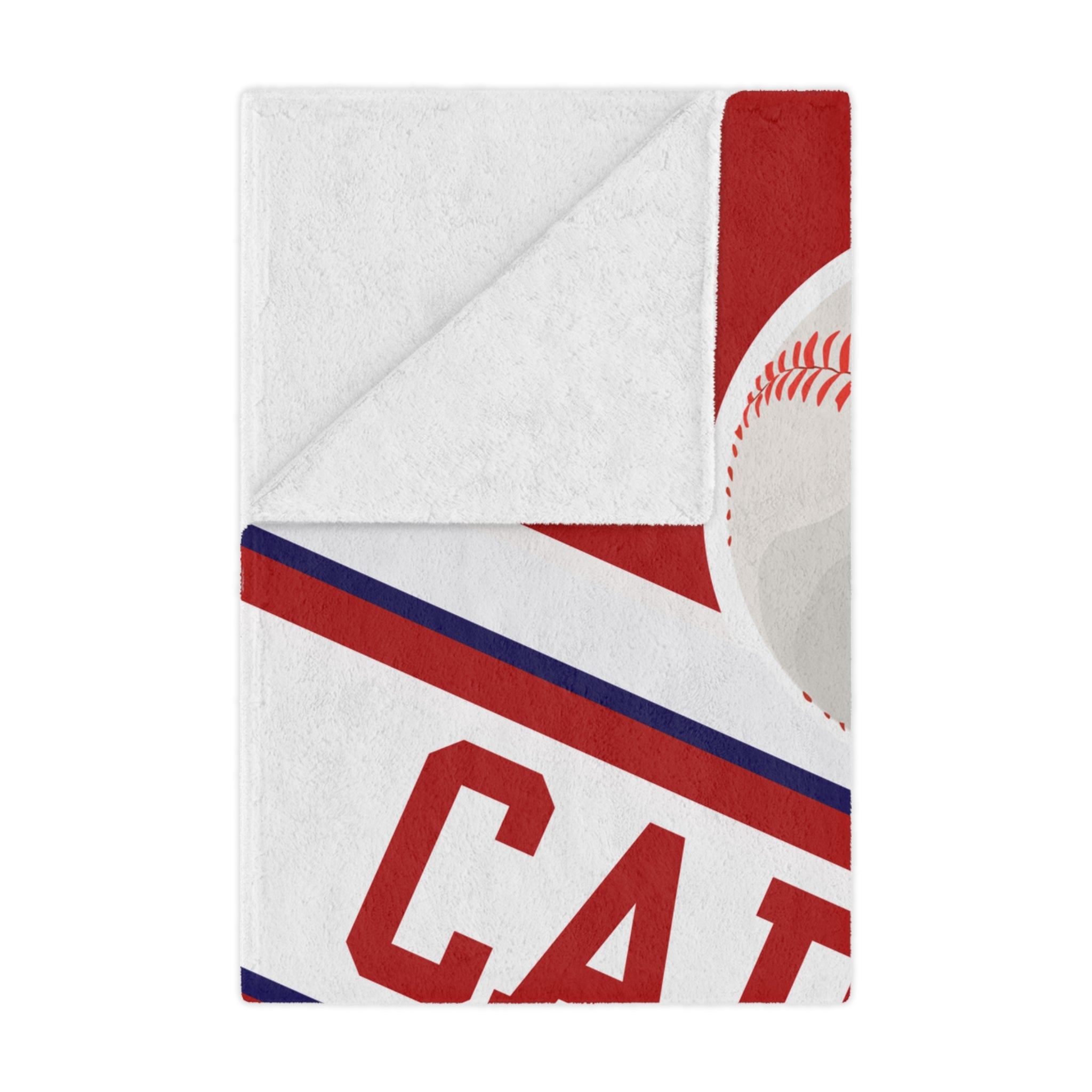 Folded fabric with red, white, and blue design featuring a logo and text on a white background