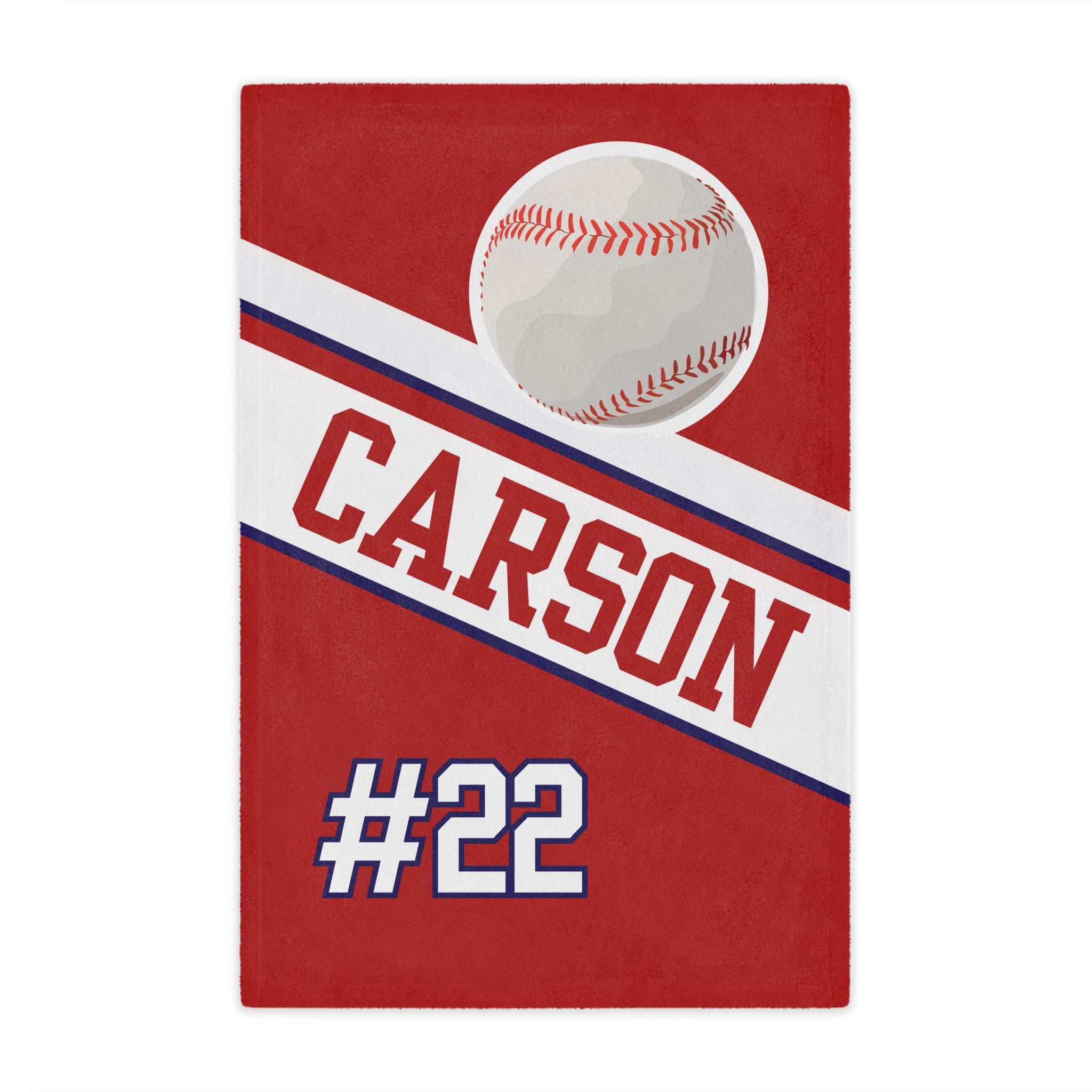 Red blanket with a baseball graphic and text 'CARSON #22' on a white background