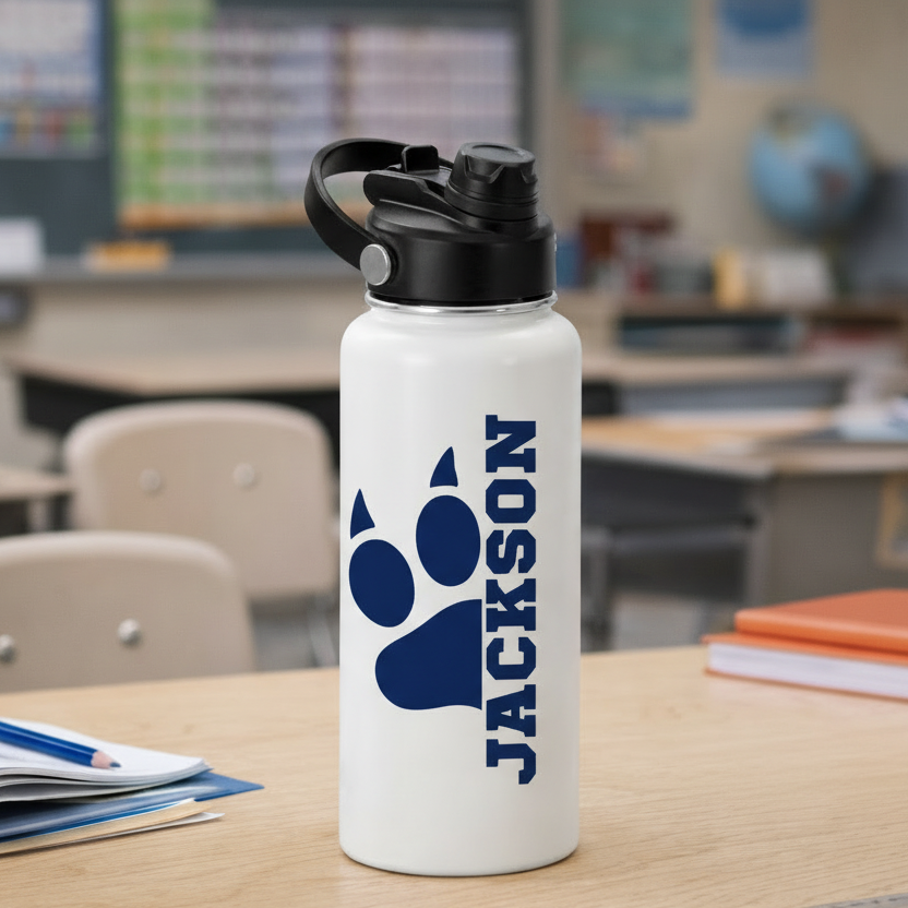 White water bottle with 'Jackson' and paw print design on a classroom desk.
