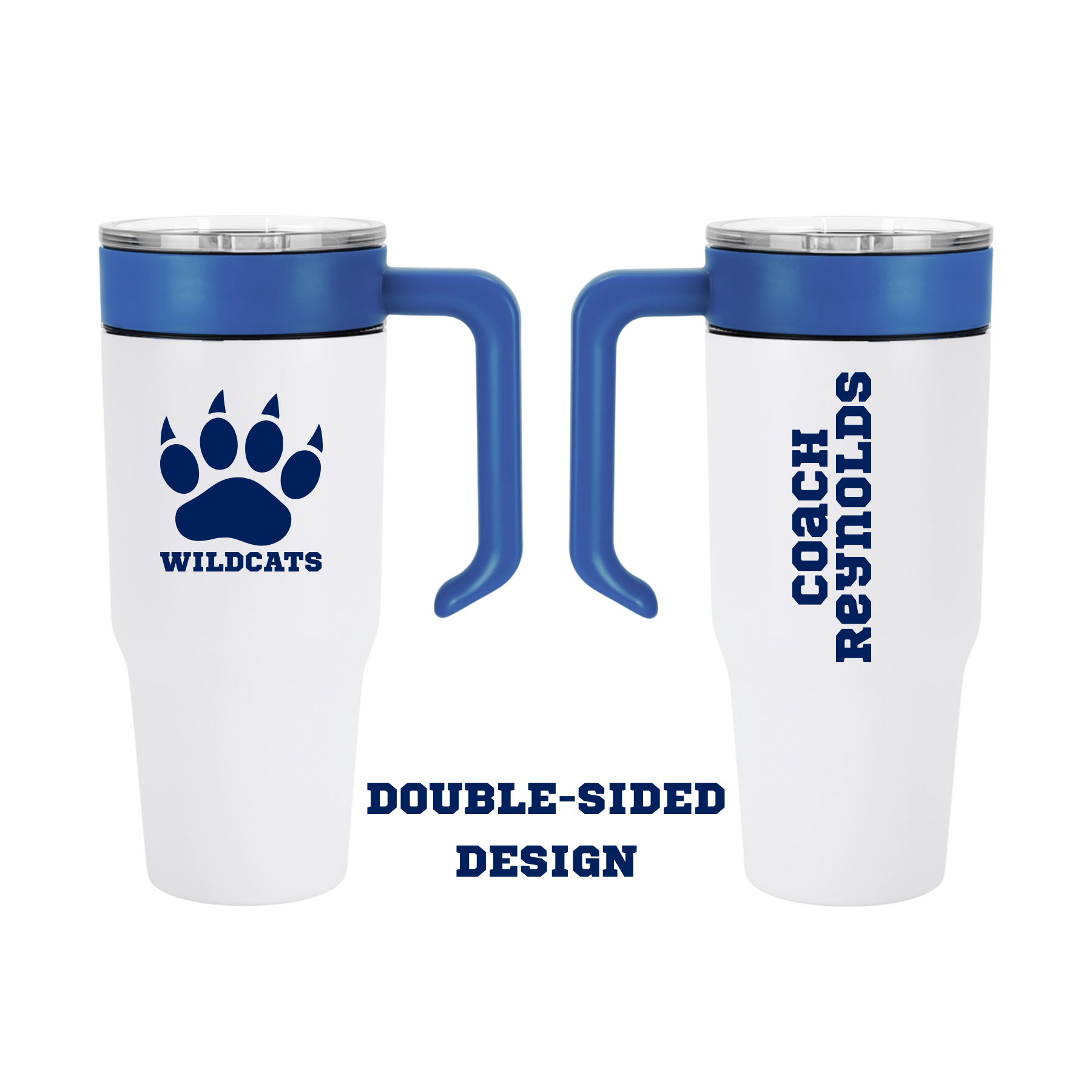 Two white travel mugs with blue accents featuring 'Wildcats' and 'Coach Reynolds' text on a white background.