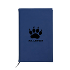 Blue notebook with a black paw print and 'MR. LAWSON' text on a white background