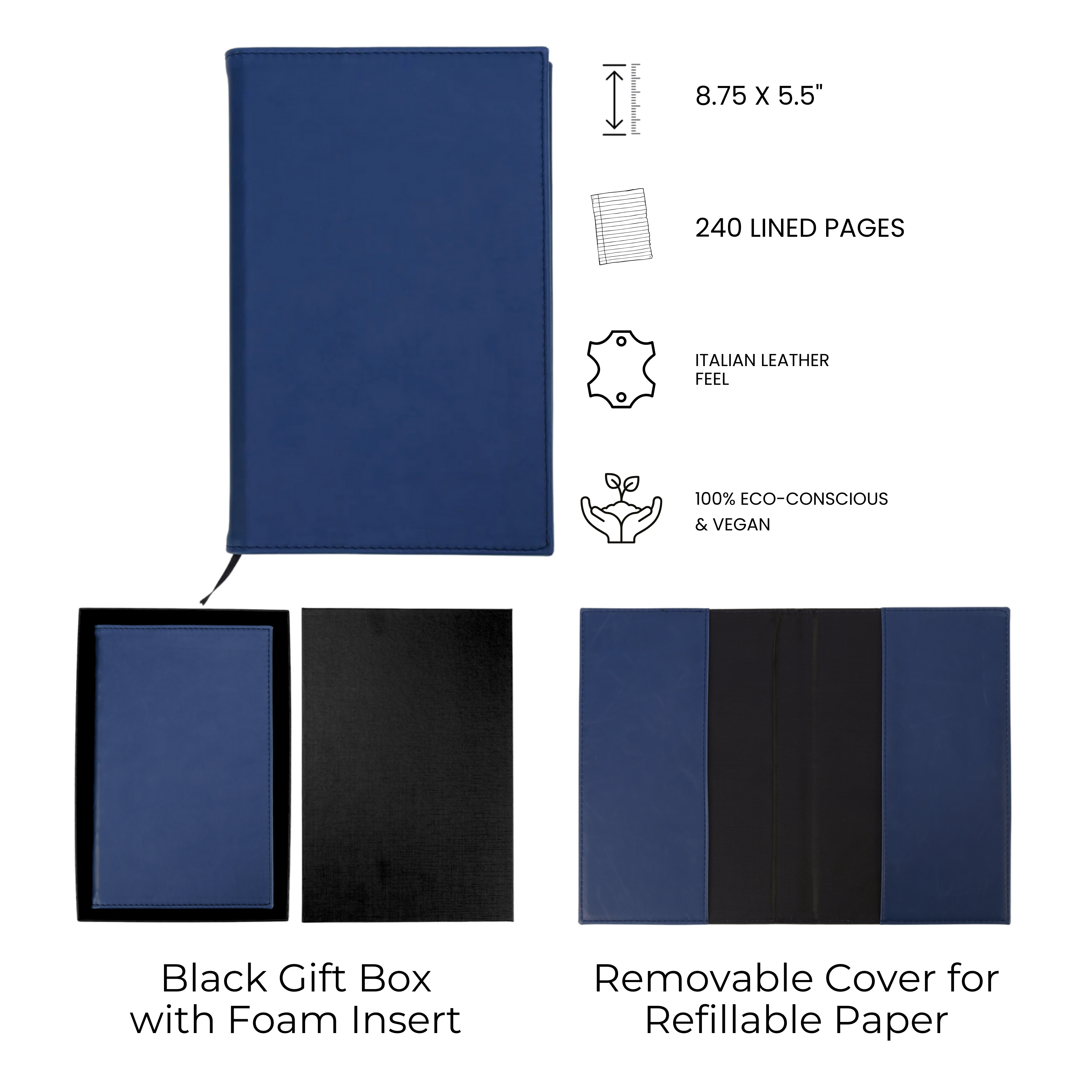 Blue notebook with specifications on a white background