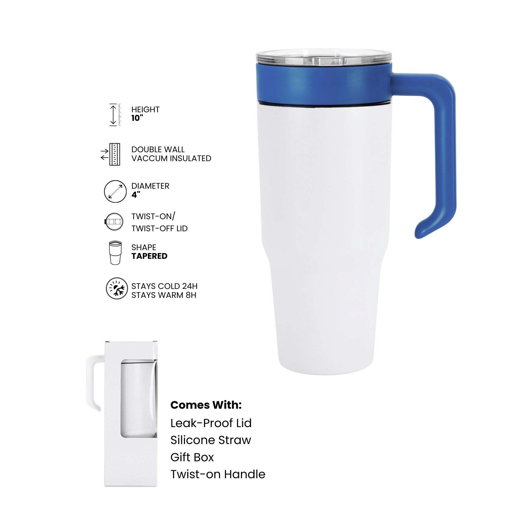White insulated mug with blue handle on a white background, featuring product details.