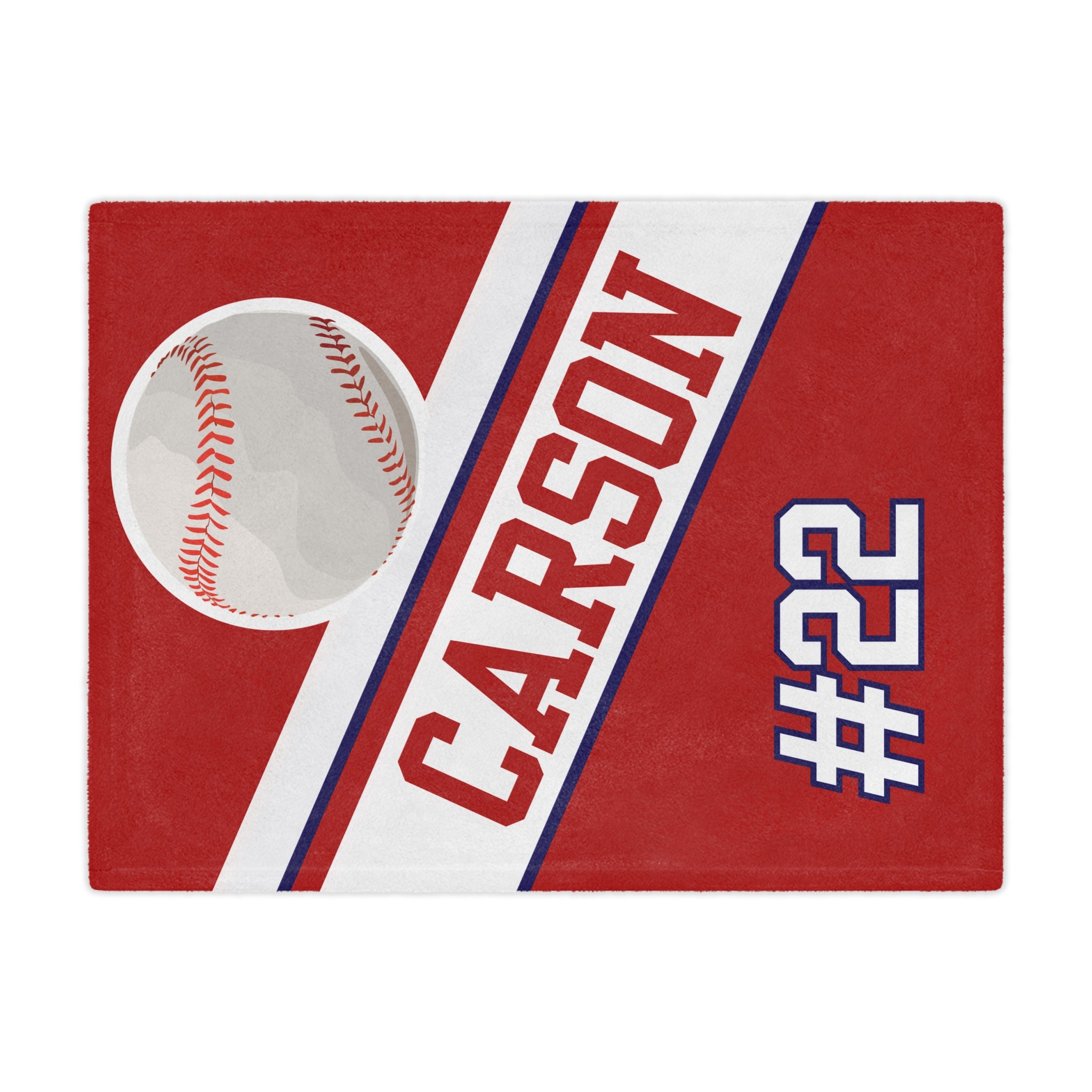Baseball-themed blanket with a baseball graphic, name 'CARSON', and number '#22' on a red background.