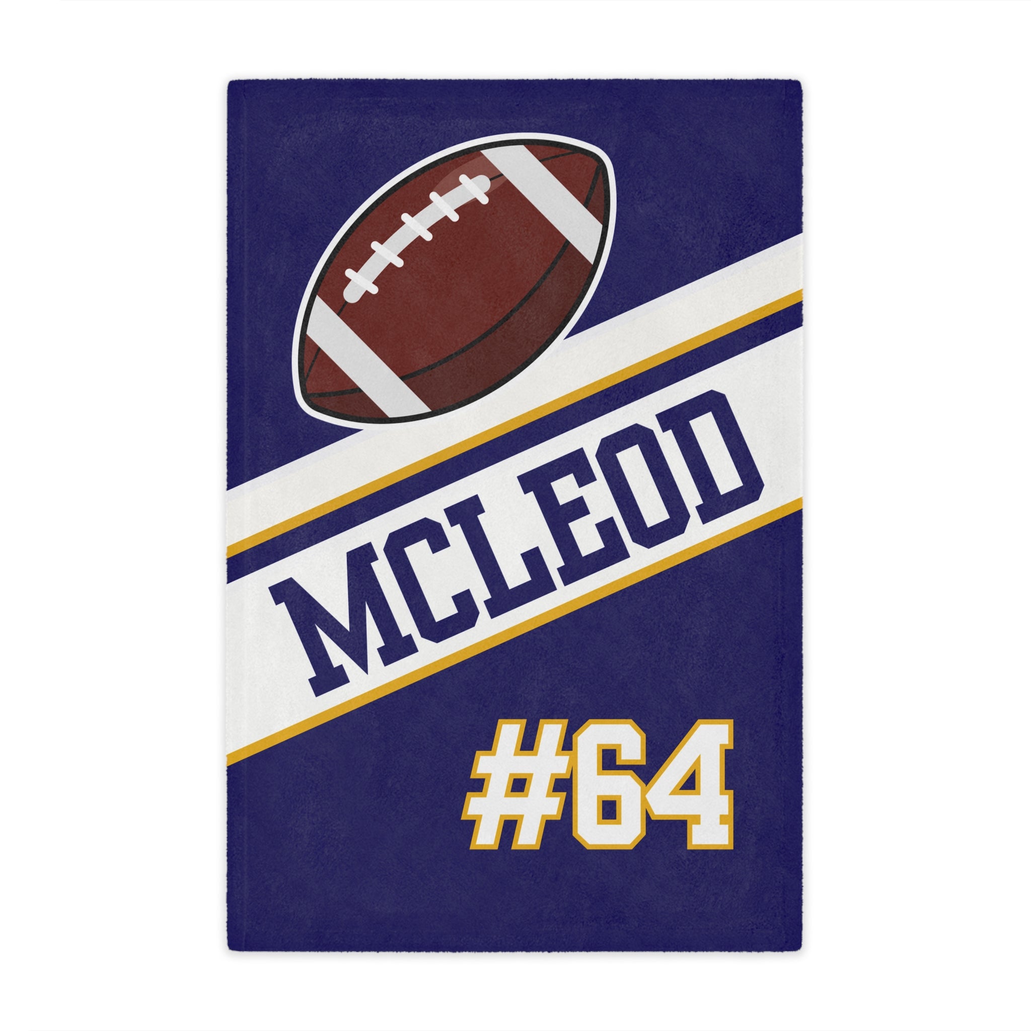 Blanket with football design, 'McLeod' text, and '#64' on a blue background