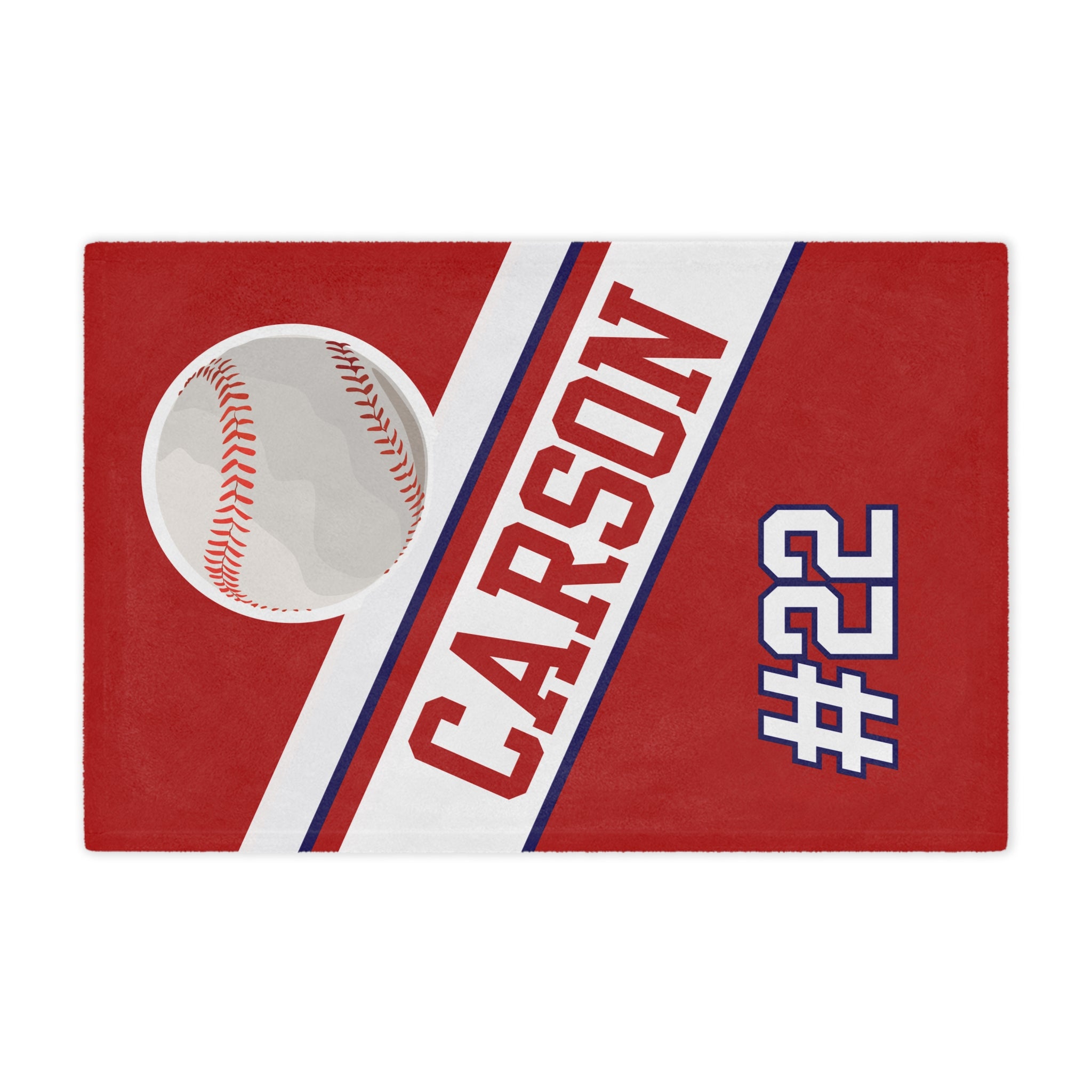 Red blanket with a baseball graphic and text 'CARSON #22' on a white background