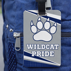 Custom school mascot bag tag personalized with school name and colors