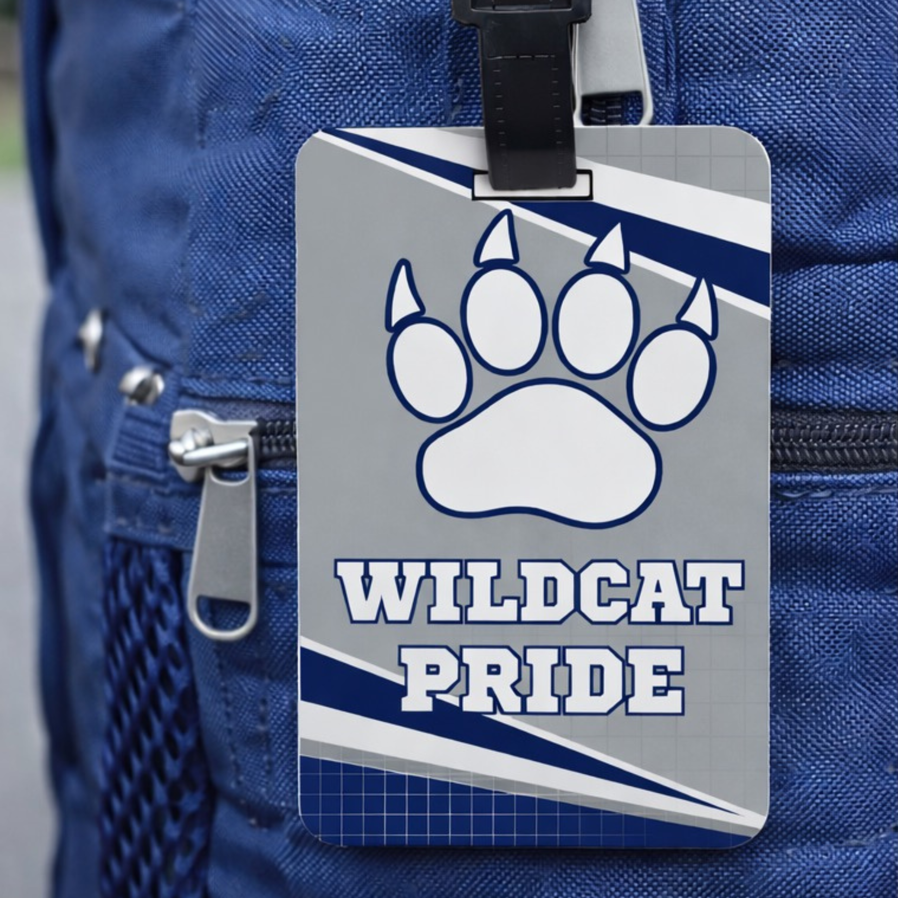 Custom school mascot bag tag personalized with school name and colors