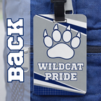 Custom school mascot bag tag personalized with school name and colors