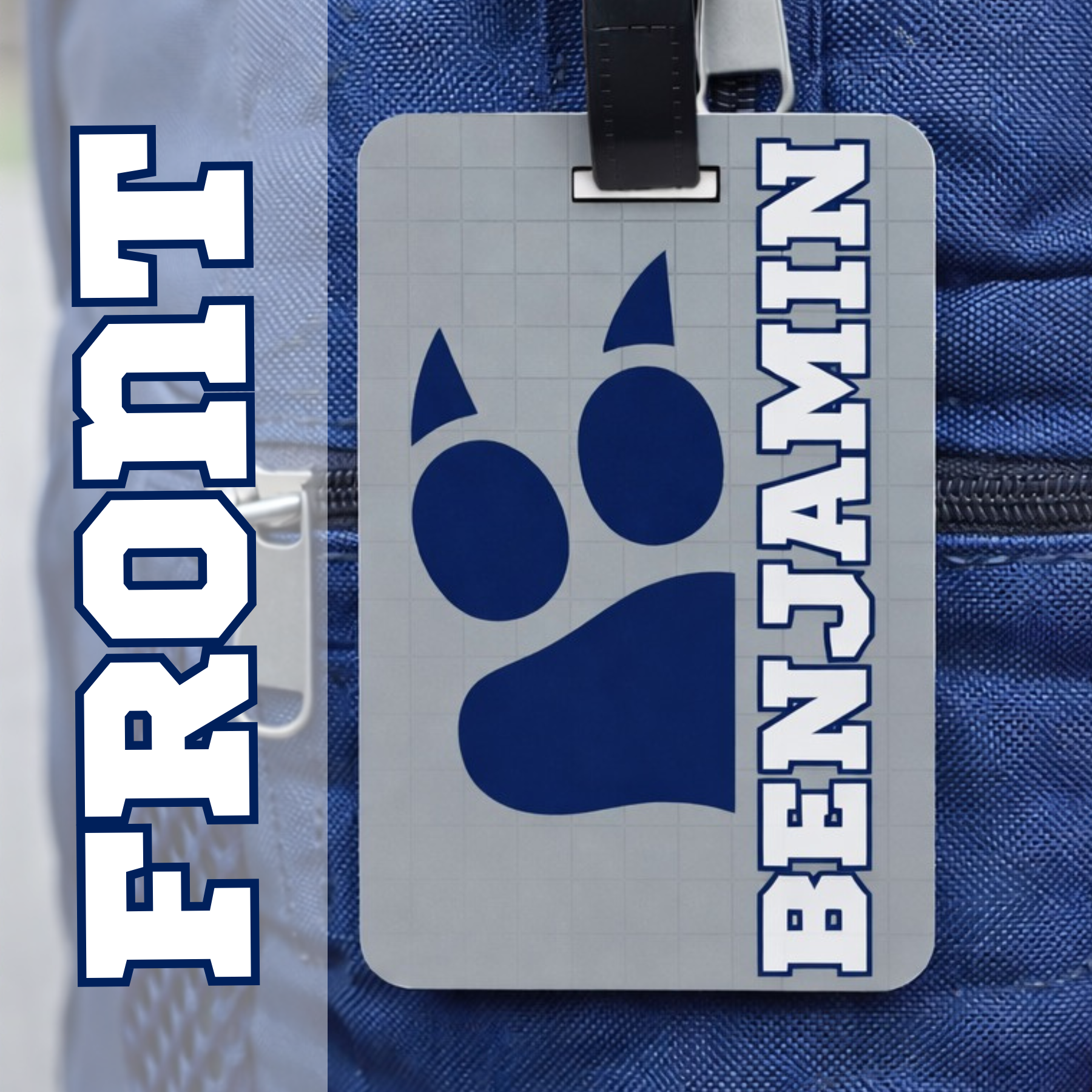Custom school mascot bag tag personalized with school name and colors
