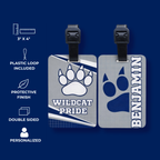 Custom school mascot bag tag personalized with school name and colors