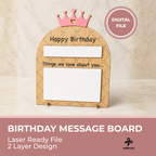 Princess birthday message board SVG file design preview for laser cutting