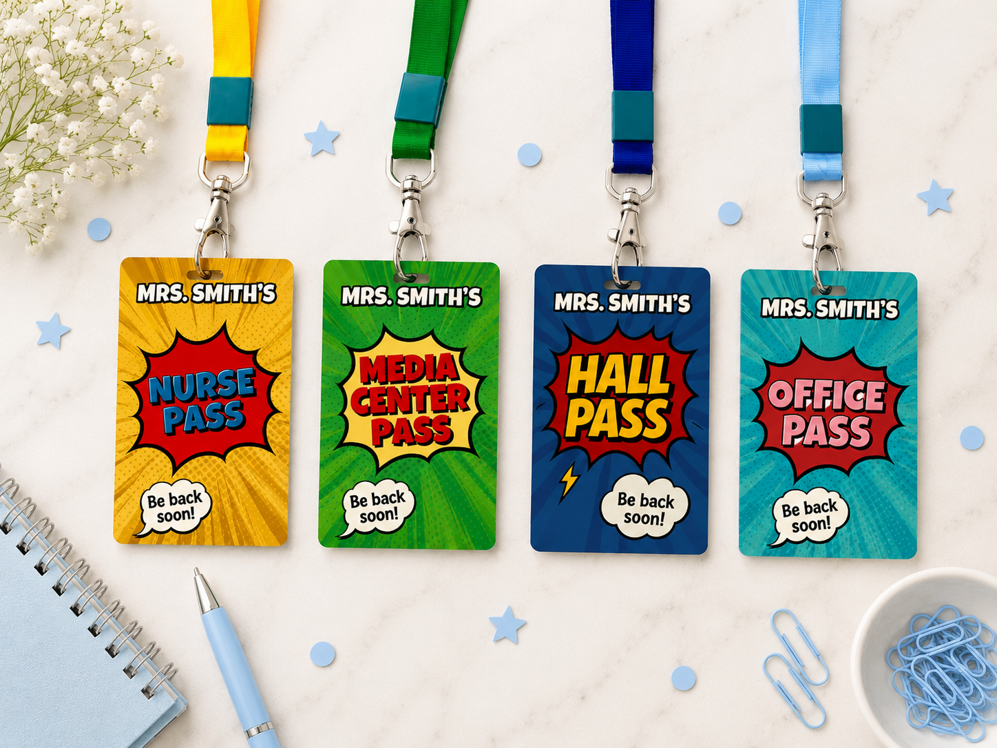 Personalized comic-style teacher hall pass design preview