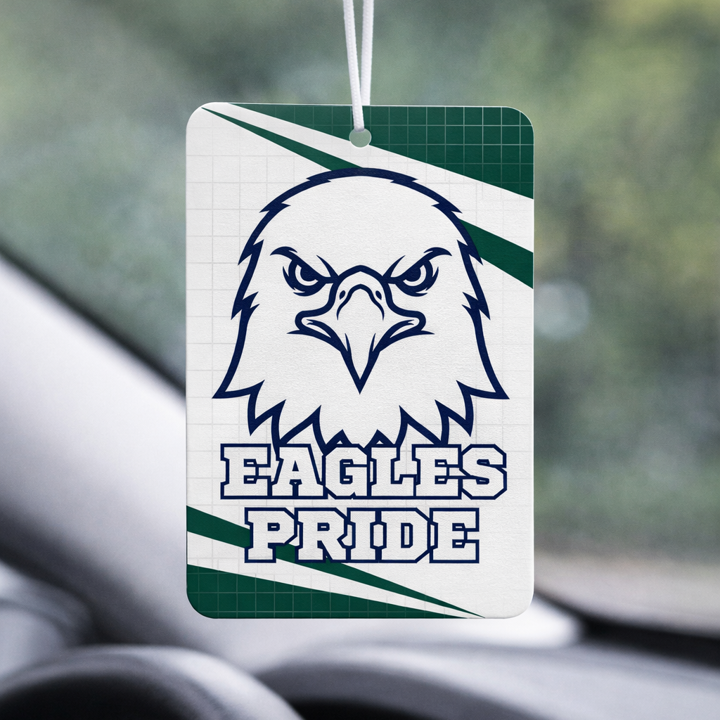 Car air freshener with eagle design and 'Eagles Pride' text hanging from a car's rearview mirror.