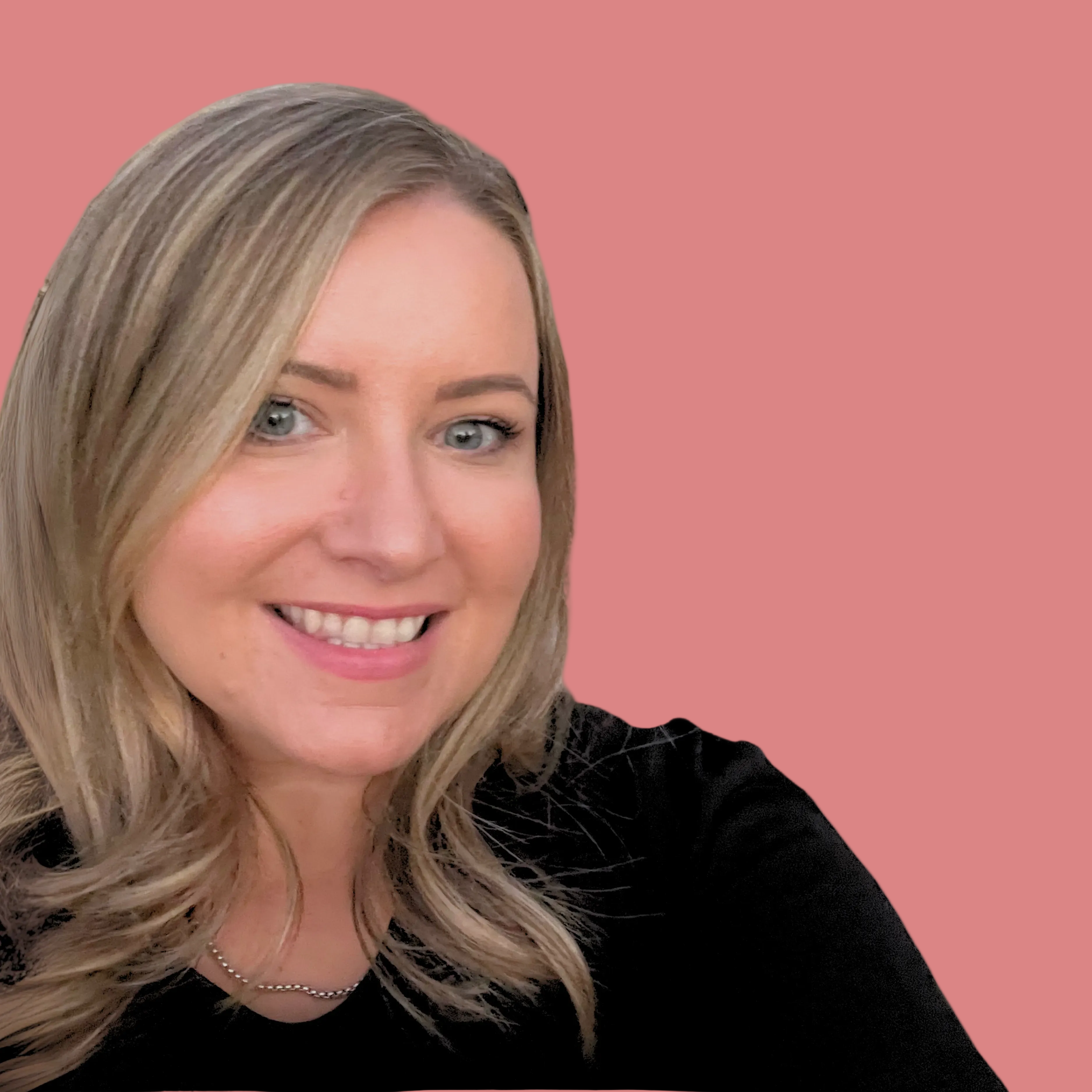 Woman with blonde hair and a black top against a pink background