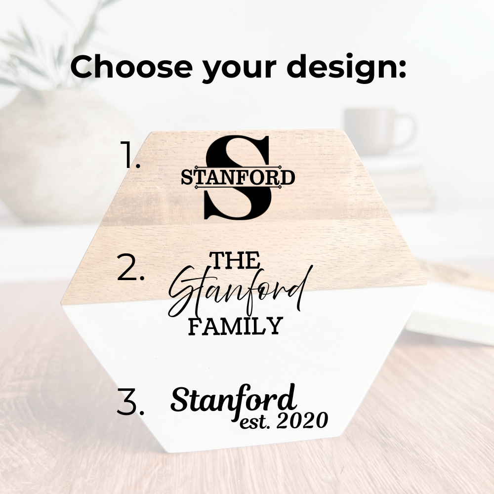 Wooden stamp with customizable designs on a light background