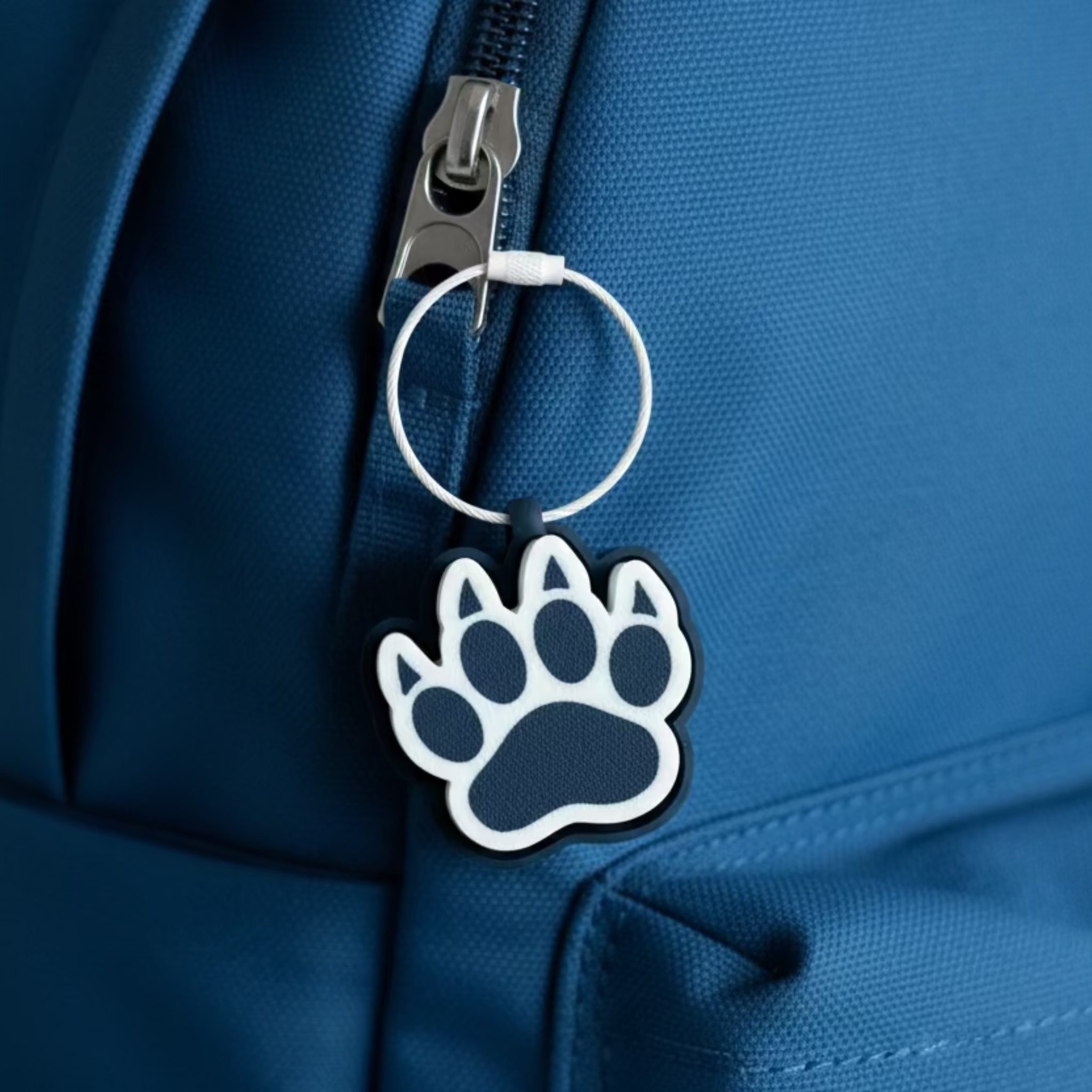 Paw-shaped keychain on a light gray background