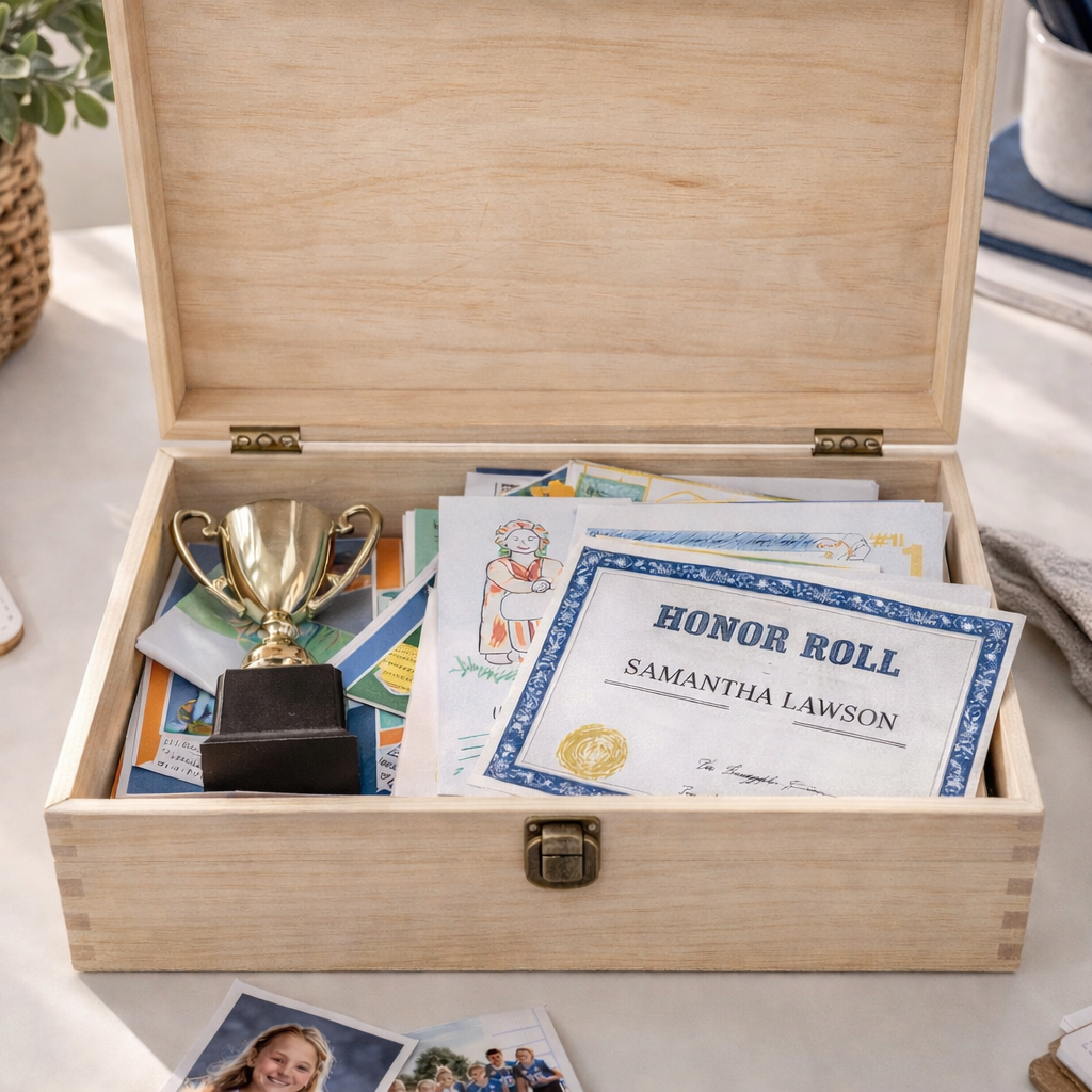 Wooden box with an 'Honor Roll' certificate and small trophy on a desk.