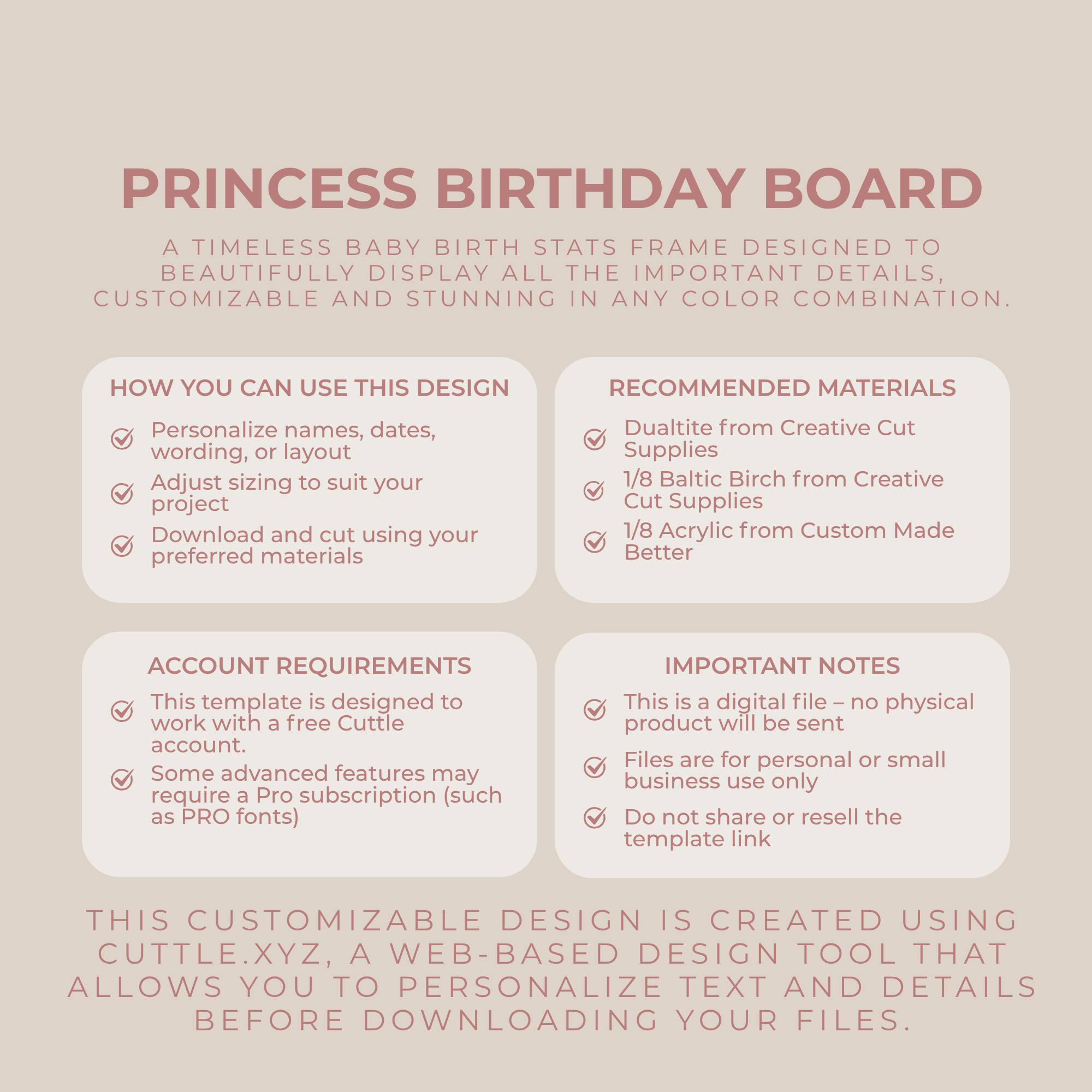 Princess birthday message board SVG file design preview for laser cutting