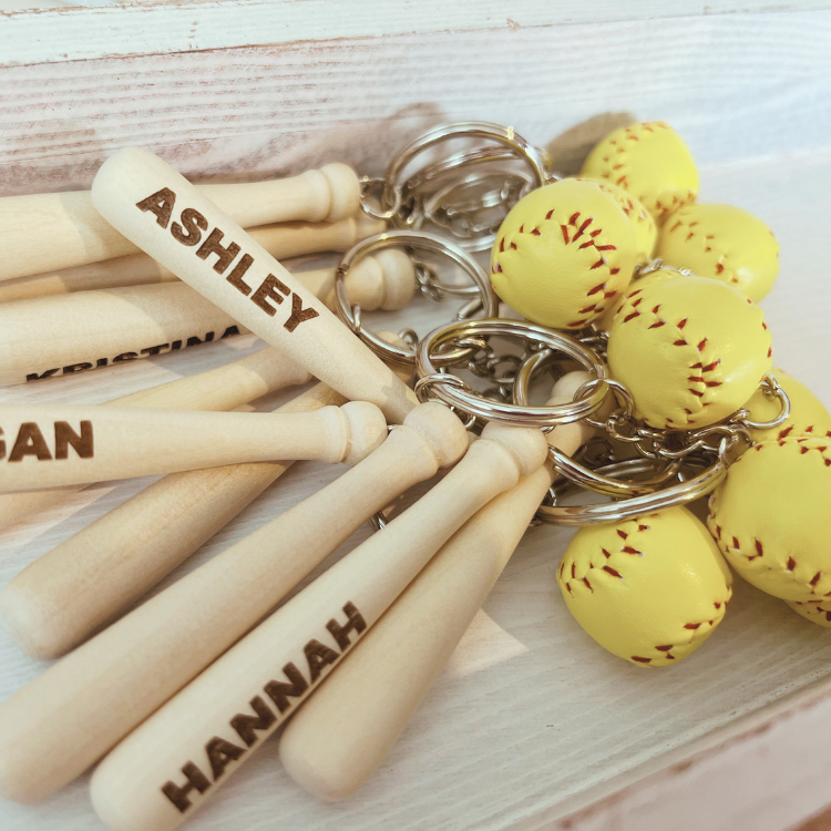 Personalized mini softball bat and ball keychain product photo