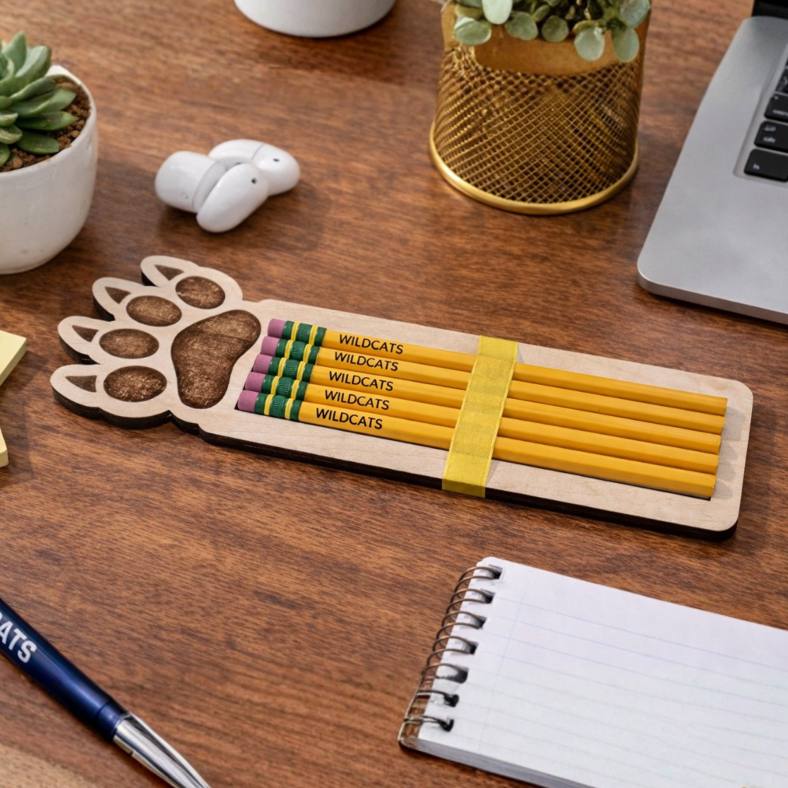 Desk setup with laptop, pencils, notebook, and office supplies on a wooden surface