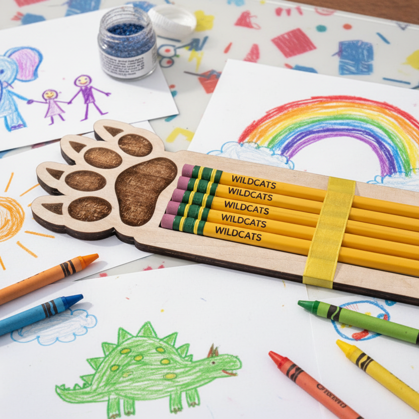 Paw-shaped pencil holder with yellow pencils on a wooden desk.