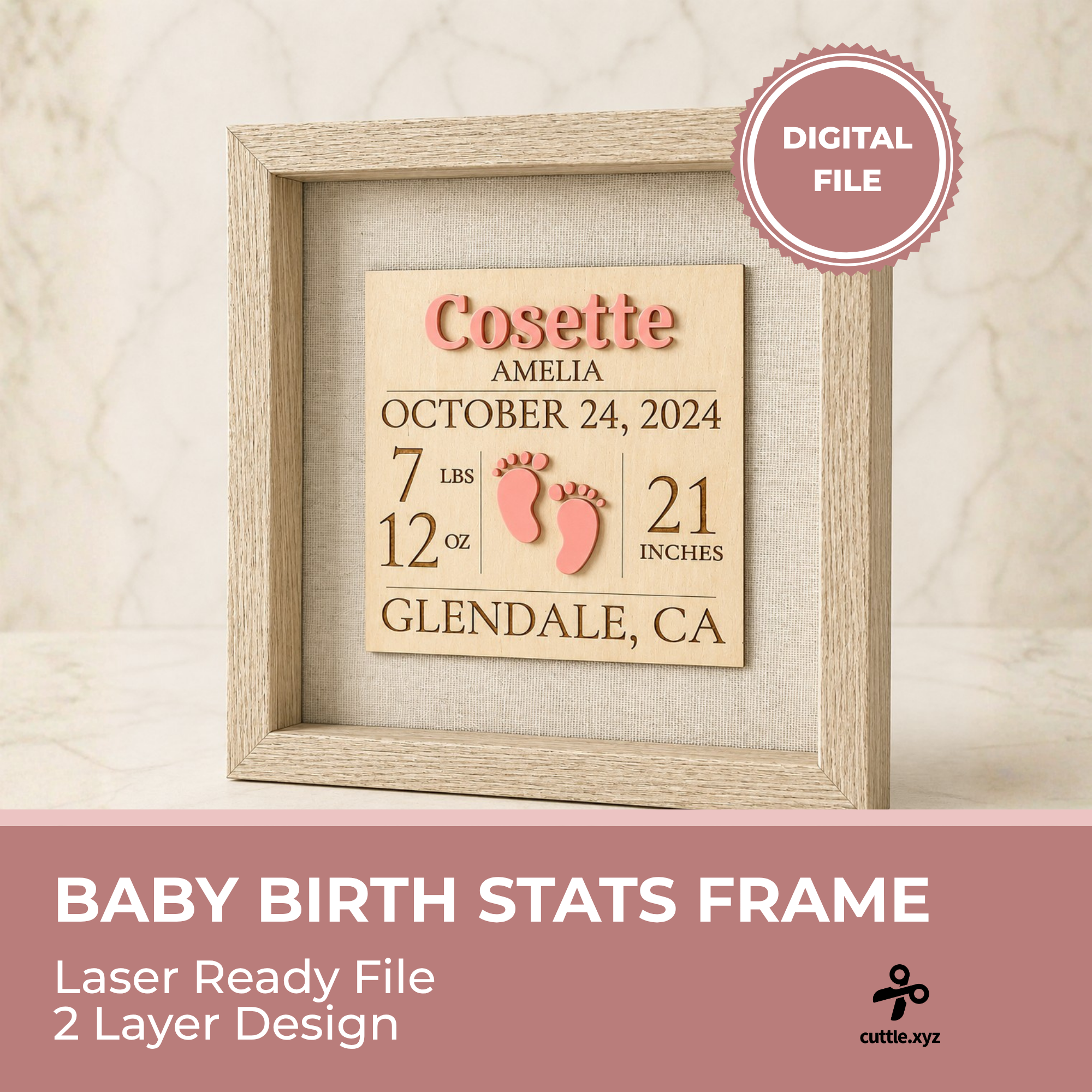 Newborn birth stats frame SVG file design preview for laser cutting