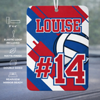 Car air freshener with volleyball design and text 'LOUISE #14' on a car dashboard.