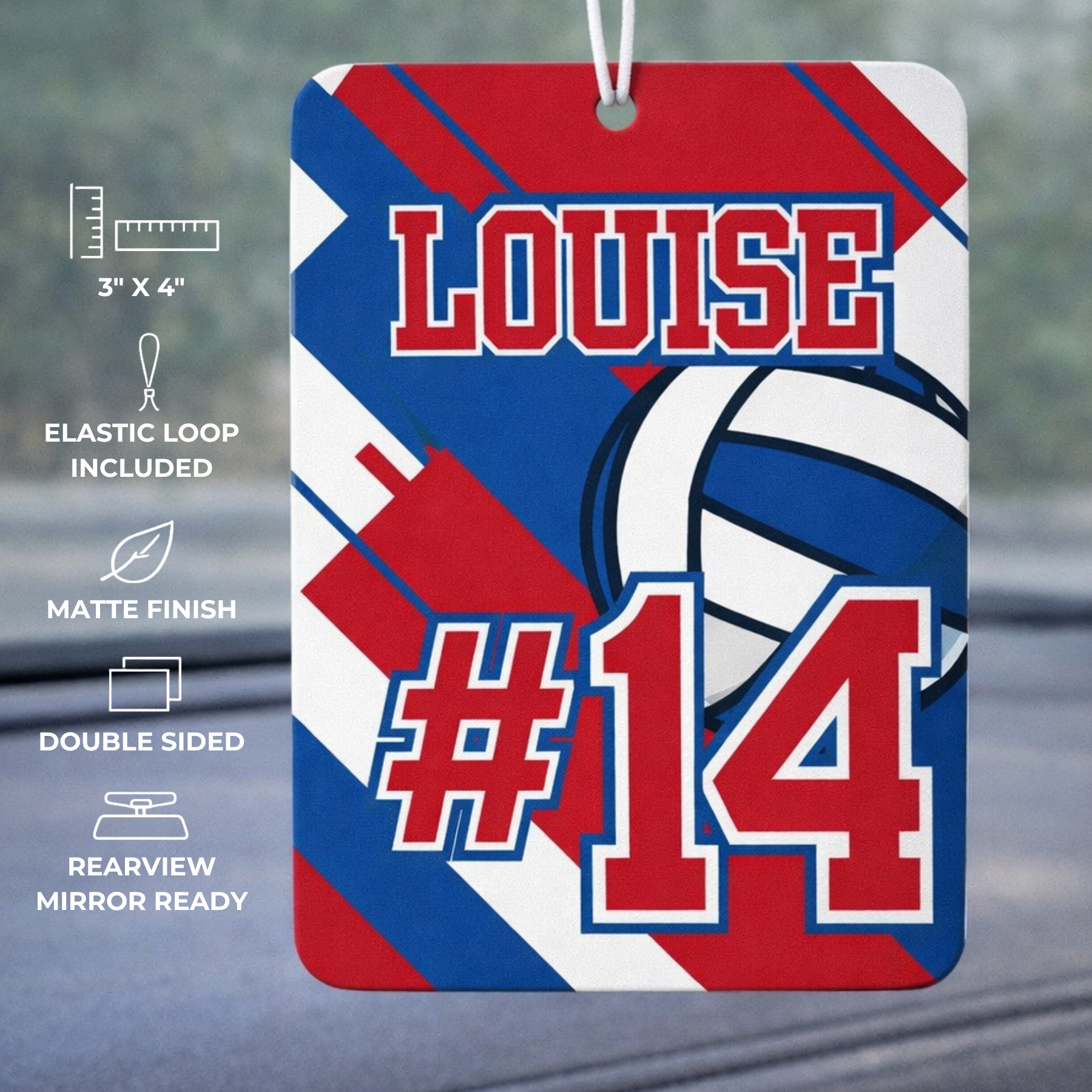 Car air freshener with volleyball design and text 'LOUISE #14' on a car dashboard.