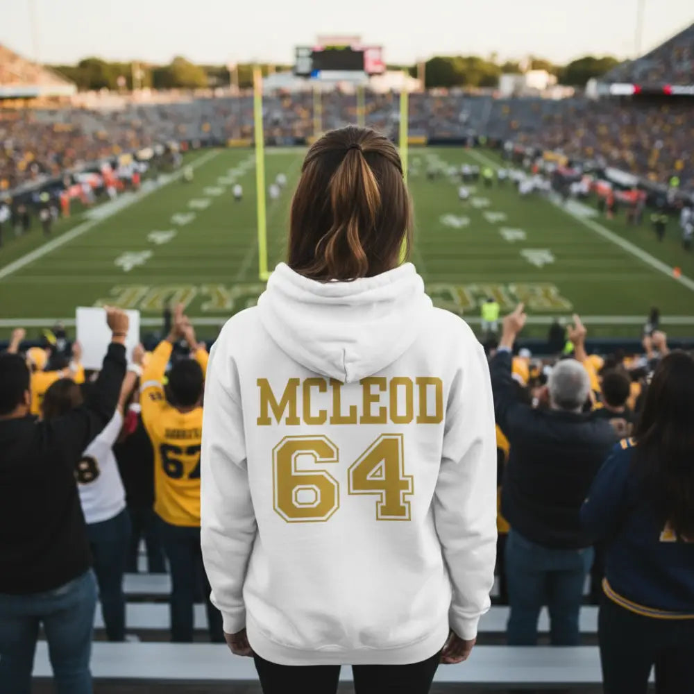 White hoodie with 'MCLEOD 64' printed on the back against a white background