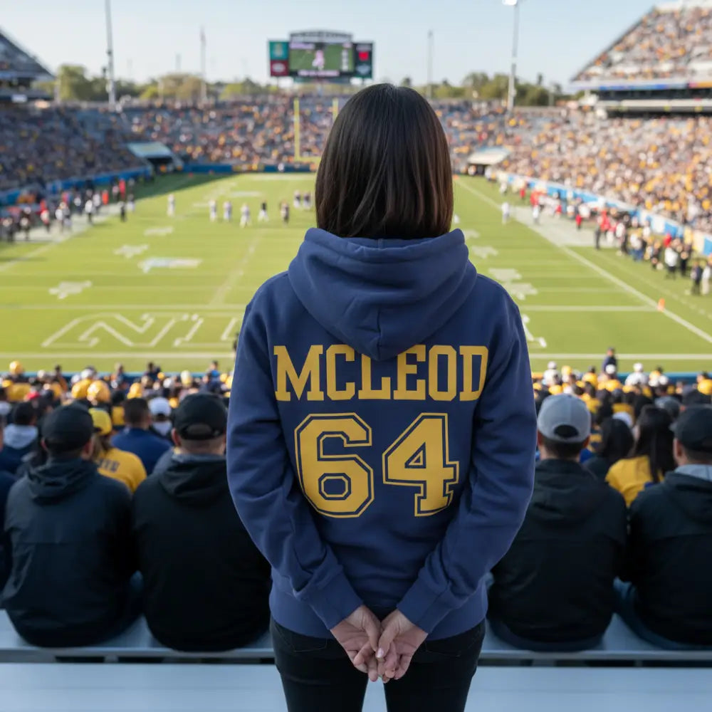 Blue hoodie with 'MCLEOD 64' printed on the back against a white background