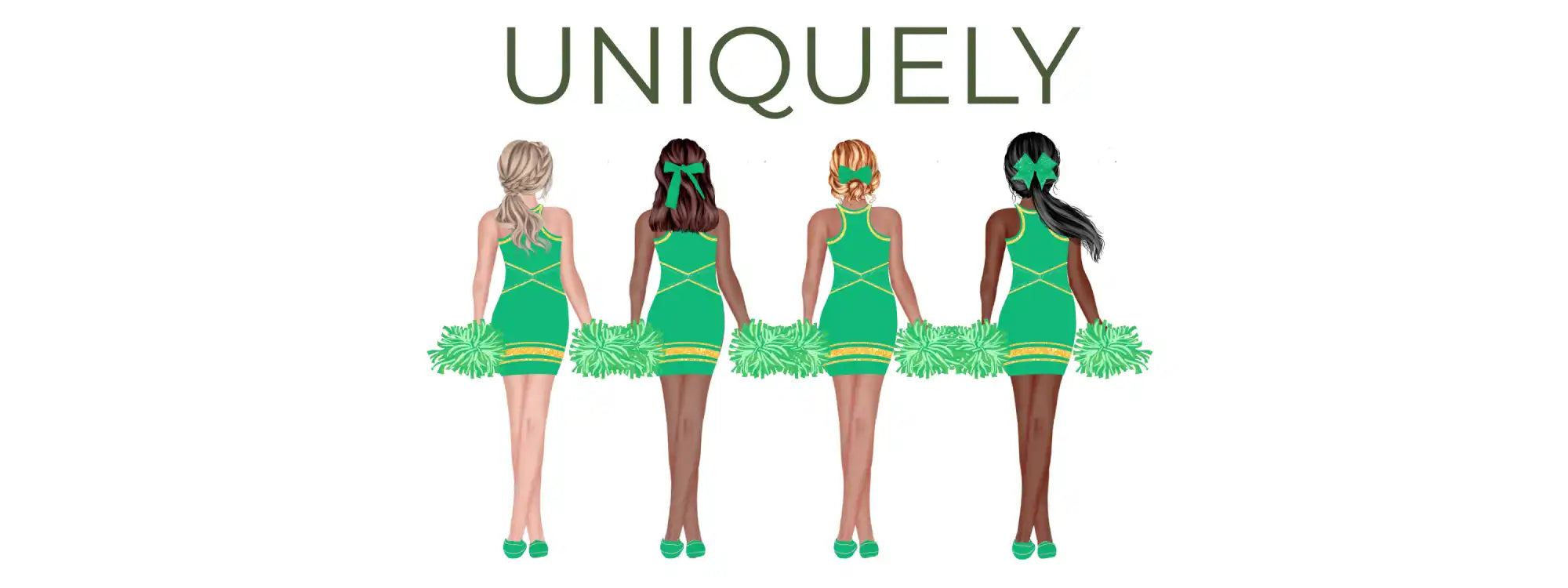 Green cheerleading outfit with pom-poms and headband, likely made of spandex or polyester.