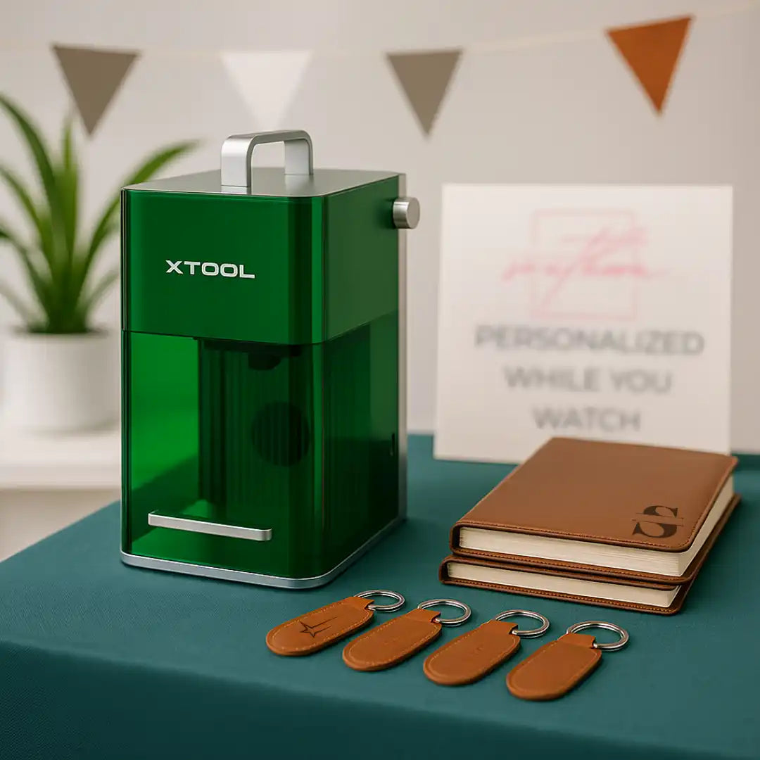 Green xtool device with silver accents and handle, likely a portable charging station or power bank.