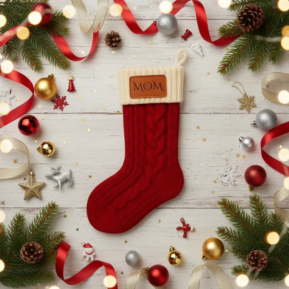 Red cable-knit christmas stocking with ’mom’ patch, cream trim and white lace cuff.