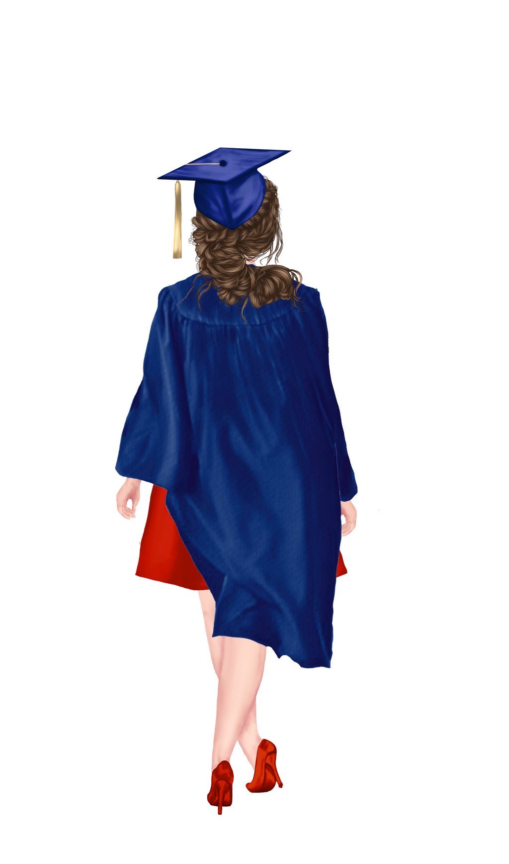 Two women wearing blue graduation gowns and caps from behind on a white background